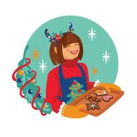 Mädchen gebacken Weihnachten Kekse. Weihnachten und angenehm Hausarbeiten. vektor