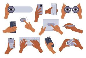 uppsättning händer innehav grejer, Sök kikare, smartphone, läsplatta, nål, typ på de tangentbord, Tryck de knapp. vektor illustration i klotter stil