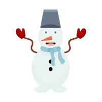 vektor snögubbe på en vit bakgrund. en snögubbe med en hatt och en blå scarf, röd vantar. tecknad serie snögubbe