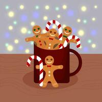 Tasse von heiß Schokolade oder Kakao mit Lebkuchen Männer und Süßigkeiten, ein Lutscher auf ein Stock. Weihnachten Winter heiß trinken. Vektor Illustration.