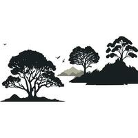 bergets träd och fågel silhuetter vektor illustration