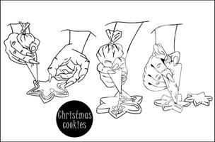 einstellen weiblich Hand hält Gebäck Tasche mit Glasur. Prozess von dekorieren Weihnachten Lebkuchen Backen. gebacken hausgemacht Kekse. Weihnachten Backen Glasur. vektor