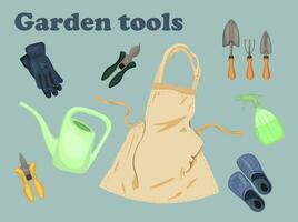 Gartenarbeit Werkzeug. Kleider zum Arbeiten im das Garten. Werkzeuge zum Landschaft Design. Vektor Illustration