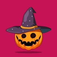Lycklig halloween pumpa med häxa hatt, högtider tecknad serie karaktär, element objekt avkolning, klistermärke, vektor illustration