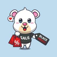 süß Polar- Bär mit Einkaufen Tasche und schwarz Freitag Verkauf Rabatt Karikatur Vektor Illustration