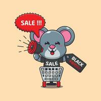 süß Maus im Einkaufen Wagen ist fördern schwarz Freitag Verkauf mit Megaphon Karikatur Vektor Illustration