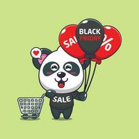 süß Panda mit Einkaufen Wagen und Ballon beim schwarz Freitag Verkauf Karikatur Vektor Illustration