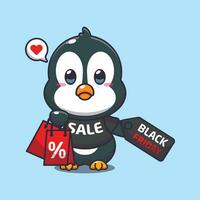 süß Pinguin mit Einkaufen Tasche und schwarz Freitag Verkauf Rabatt Karikatur Vektor Illustration