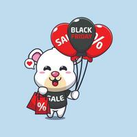 söt polär Björn med handla väska och ballong på svart fredag försäljning tecknad serie vektor illustration