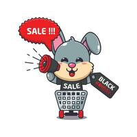 süß Hase im Einkaufen Wagen ist fördern schwarz Freitag Verkauf mit Megaphon Karikatur Vektor Illustration