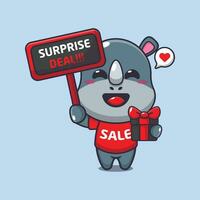 süß Nashorn mit Beförderung Zeichen und Geschenk Box im schwarz Freitag Verkauf Karikatur Vektor Illustration