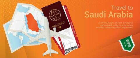 Reise zu Saudi Arabien Pop-under Banner. Ausflug Banner mit Reisepass, Eintrittskarten, Flugzeug, Einsteigen passieren, Karte und Flagge von Saudi Arabien. vektor