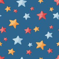 sömlös vektor mönster med färgrik sjöstjärnor på en blå bakgrund. sommar hand dragen bakgrund för paket, omslag papper, baner, skriva ut, kort, gåva, tyg, kort, textil, tapet, webb