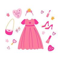 Rosa Puppen einstellen Zubehör und Kleidung. süß Rosa Symbole Sammlung - - Schuhe, Kleid, Tasche, Spiegel. Vektor Vektor Illustration.