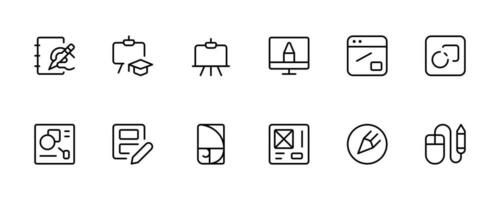 Grafik Design verbunden Symbol Satz. Design Prozess Kreativität verbunden Vektor Linie Symbole. editierbar Schlaganfall. eben Vektor Symbol zum Apps, ui und Webseiten.