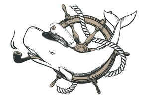 Weiß Sperma Wal im ein Capitän Deckel und mit ein Rauchen Rohr im seine Mund. kreativ Illustration von ein Wal auf das Hintergrund von das Lenkung Rad. alt Schule tätowieren skizzieren. vektor