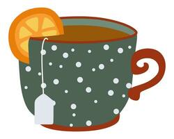 Tee Tasse mit geschnitten orange. Vektor Illustration isoliert auf Weiß Hintergrund. Orange und Tee Tasche. eben Stil heiß trinken Porzellan Becher. Farbe Design Element zum Restaurant oder Vorteil Speisekarte, Aufkleber.