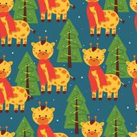 sömlös mönster tecknad serie giraff bär scarf, träd, och snöflingor. söt djur- tapet för textil, gåva slå in papper, vinter- bakgrund vektor