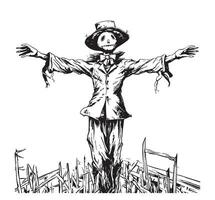 scarecrow på de fält skiss hand dragen vektor halloween illustration