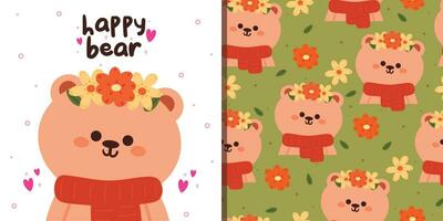 nahtlos Muster Karikatur Bär tragen Schal. süß Tier Hintergrund mit Blume Illustration. süß einstellen von Tier Hintergrund und Karte vektor
