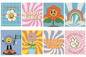 groovig Hippie 70er Jahre Satz. komisch Karikatur Blume, Regenbogen, Frieden, Liebe, Herz, Gänseblümchen, Pilz usw. Aufkleber Pack im modisch retro psychedelisch Karikatur Stil. Blume Leistung. isoliert Vektor Illustration