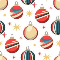 jul sömlös mönster med runda jul träd leksaker och konfetti av stjärnor. en ljus runda figur i blå, röd och gul Ränder på en vit bakgrund. vektor platt illustration