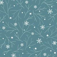 sömlös mönster med vinter- frostig prydnad. snöflingor av annorlunda former, mot de bakgrund av vit träd grenar. abstrakt vektor grafik.