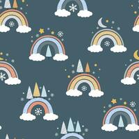 nahtlos Muster mit mehrfarbig Regenbögen, Schneeflocken, dreieckig Tanne Bäume, Wolken. Winter abstrakt Kinder- drucken. Vektor Grafik.