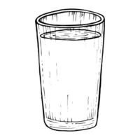 vektor glas av vatten, juice eller mjölk svart och vit grafisk illustration i enkel skiss stil