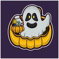 vit spöke på stor pumpa tecknad serie. halloween klistermärke logotyp. vektor
