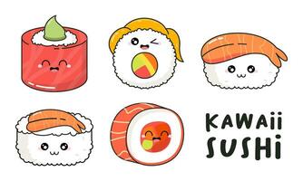 Hand gezeichnet verschiedene süß kawaii Sushi, Rollen, Sashimi Charakter japanisch Lebensmittel Illustration vektor