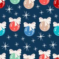flerfärgad glas jul bollar med bågar på en mörk blå bakgrund med stjärnor. vektor illustration sömlös mönster för förpackning, textil, tapet