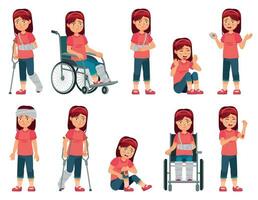 flicka med skada. barn med blåslagen hand, näsa blod och bruten ben eller hand i plåster. barn i rullstol vektor tecknad serie illustration uppsättning