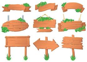 hölzern Schild mit Blätter. tropisch Blätter auf Holz Planke, Grün Etikette Zeichen und Urwald Wald Zeiger Bretter Vektor einstellen