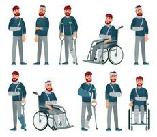 man med skada. rullstol man med bruten ärm och ben i gips. ledsen manlig karaktär med annorlunda olycka skador vektor tecknad serie illustration