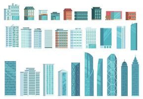 modern Stadt Gebäude. Stadt Wolkenkratzer Gebäude, Stadt, Dorf Häuser, Geschäft Büro Wolkenkratzer Vektor Illustration einstellen