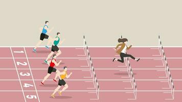 Feminist, Frau Leistung, mächtig Dame und Wettbewerb von Geschäftsfrau überwinden Läufer Sportler Lauf im ein Rennen Spur vektor
