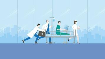 ein Notfall krank geduldig Arbeiten durch Laptop auf ein Krankenhaus Bett mit dringend Fall medizinisch Mannschaft Mitarbeiter vektor