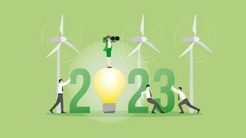grön energi begrepp. syn affärskvinna användningar kikare på 2023 och vind turbin generator kraft med team Stöd. vektor