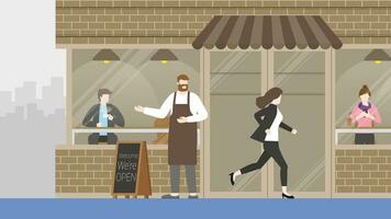 Eile Geschäftsfrau läuft ein Rennen gegen Zeit, Vergangenheit das Kaffee Geschäft Cafe vektor