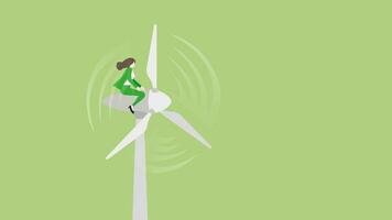 Grün Energie Konzept. ein Geschäftsfrau Reiten auf ein Wind Turbine Generator Leistung Windmühle. vektor