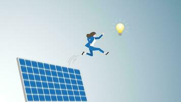 affärskvinna hoppar från sol- celler. till hugg en ljus Glödlampa. vektor