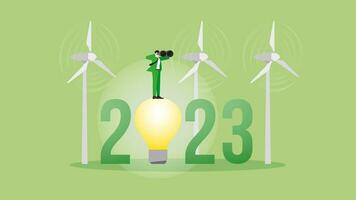 grön energi begrepp. syn affärsman användningar kikare på 2023 och vind turbin generator kraft. vektor