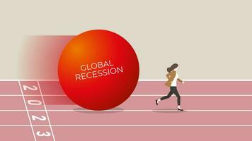 global Rezession Konzept im das Jahr 2023. ein Geschäftsfrau läuft Weg von das groß rot Ball vektor