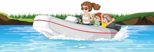 en kvinna som kör motorbåt med barn i floden vektor