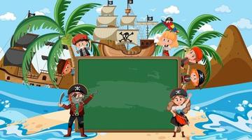 leere Tafel mit vielen Piratenkinderzeichentrickfilm-figuren am Strand vektor