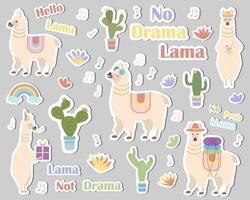 en uppsättning av klistermärken söt tecknad serie lamadjur, kaktusar, regnbåge. klistermärken för skärande, vektor. vektor