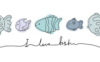 süßer text ich liebe fisch set doodle line. Sammlung von Meeresaquarien. vektor