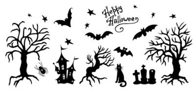 einstellen von Vektor Bilder zum Halloween. schwarz Silhouetten von ein Schläger, ein Spinne, Bäume, Gräber, ein Schloss, und ein schwarz Katze gezeichnet im ein Gekritzel Stil.