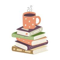 Tee Tasse Stehen auf Stapel von Bücher. Haufen von Papier Hardcover Bücher mit Lesezeichen und Becher mit heiß trinken. Farbe eben Karikatur Vektor Illustration isoliert auf ein Weiß Hintergrund.